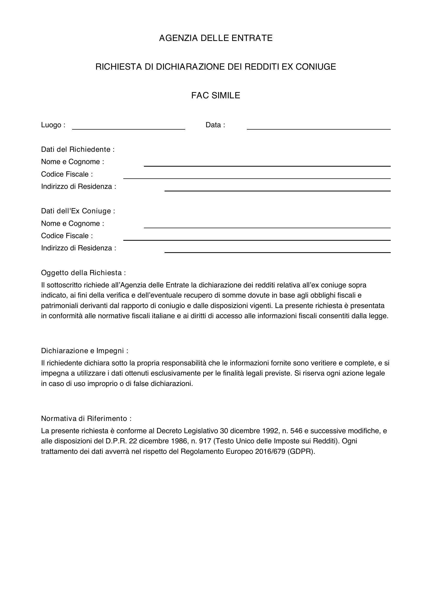 Agenzia Entrate Richiesta Dichiarazione Redditi Ex Coniuge Fac Simile