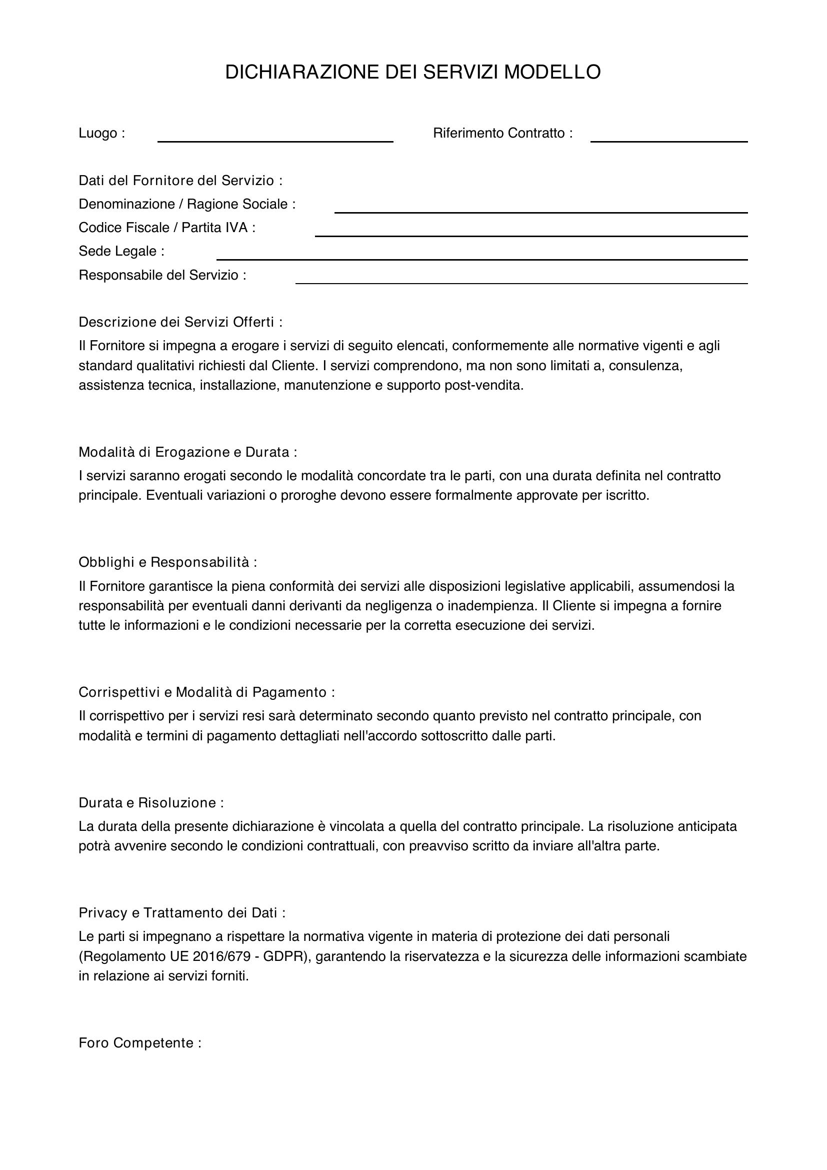 Dichiarazione Dei Servizi Modello