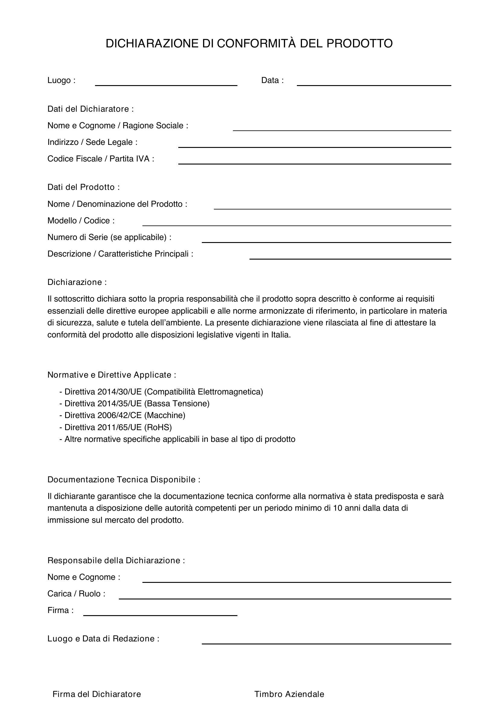 Dichiarazione Di Conformità Prodotto Esempio