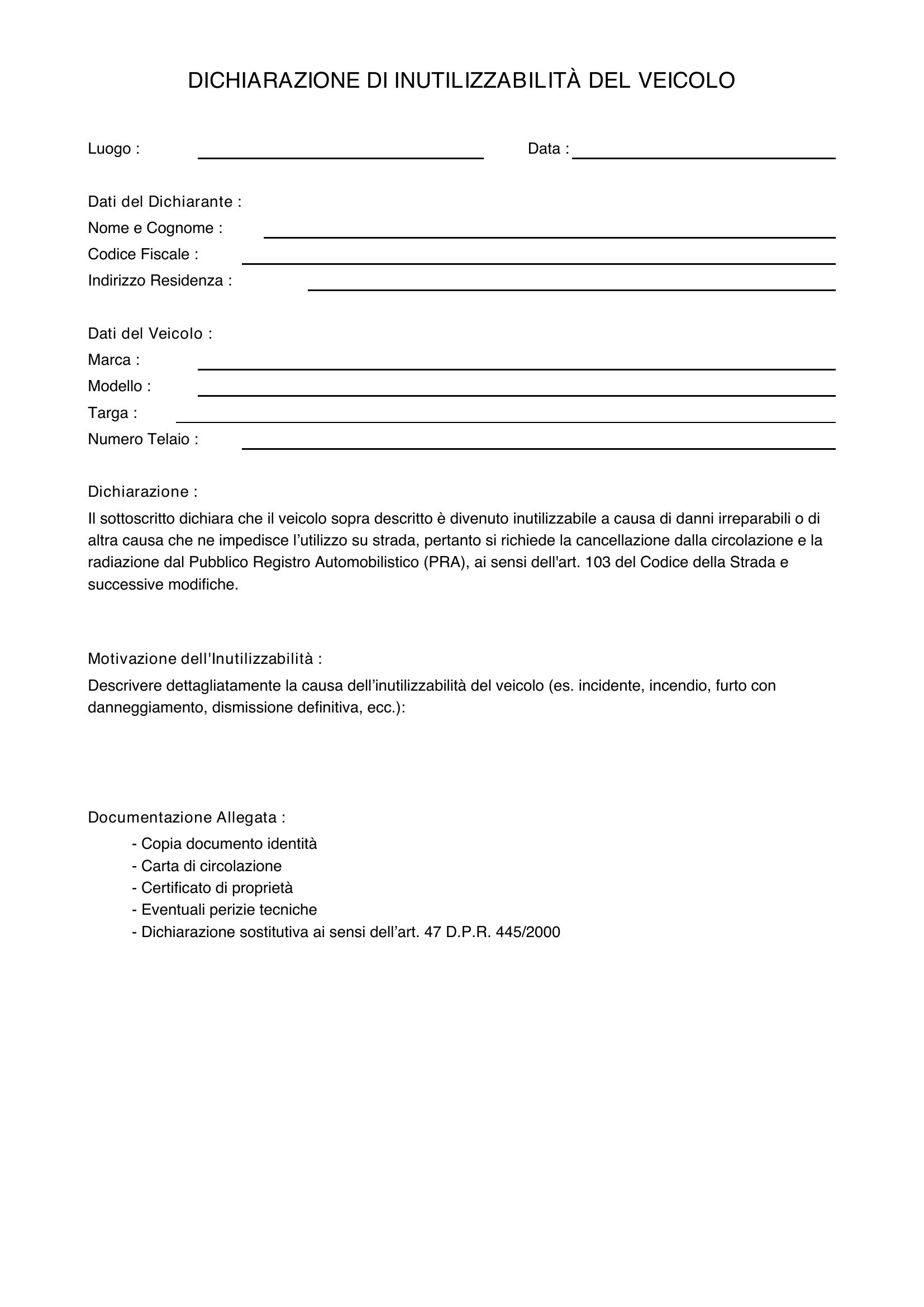 Dichiarazione Di Inutilizzabilità Del Veicolo Modello