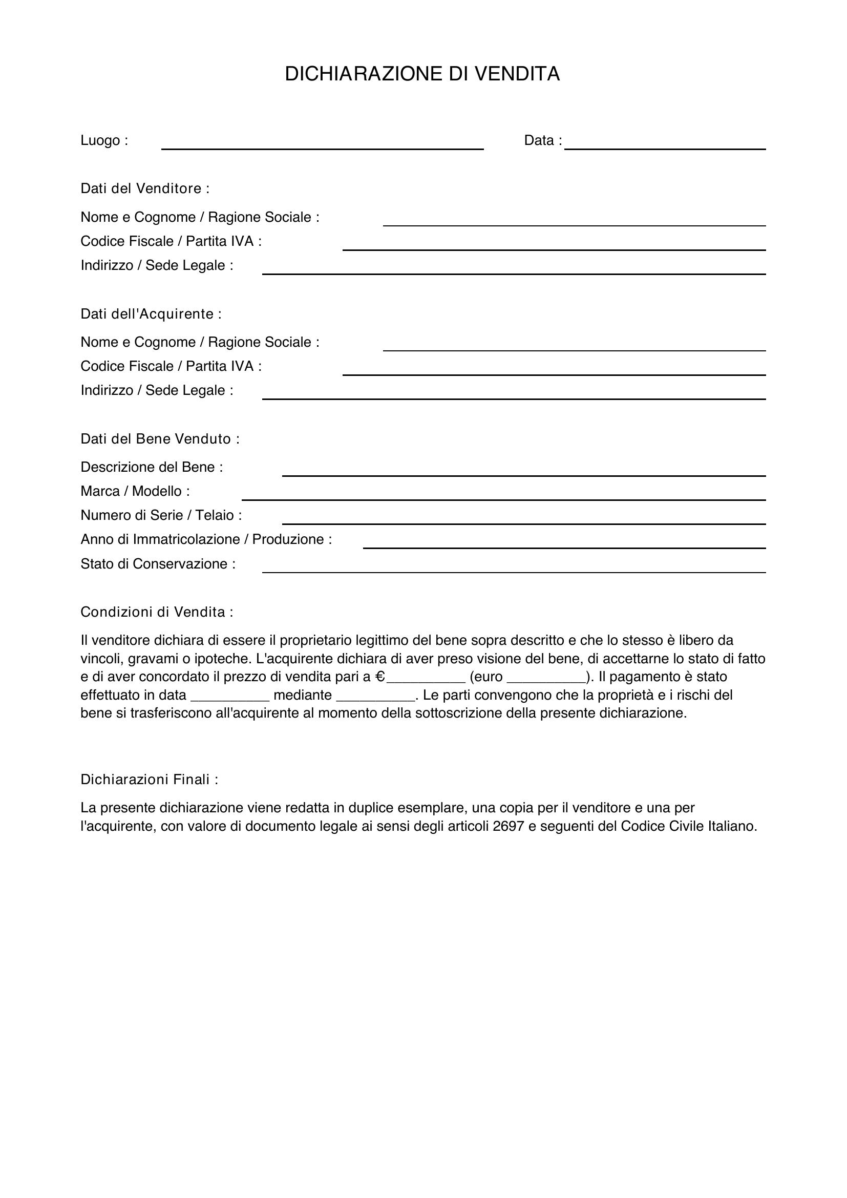Dichiarazione Di Vendita