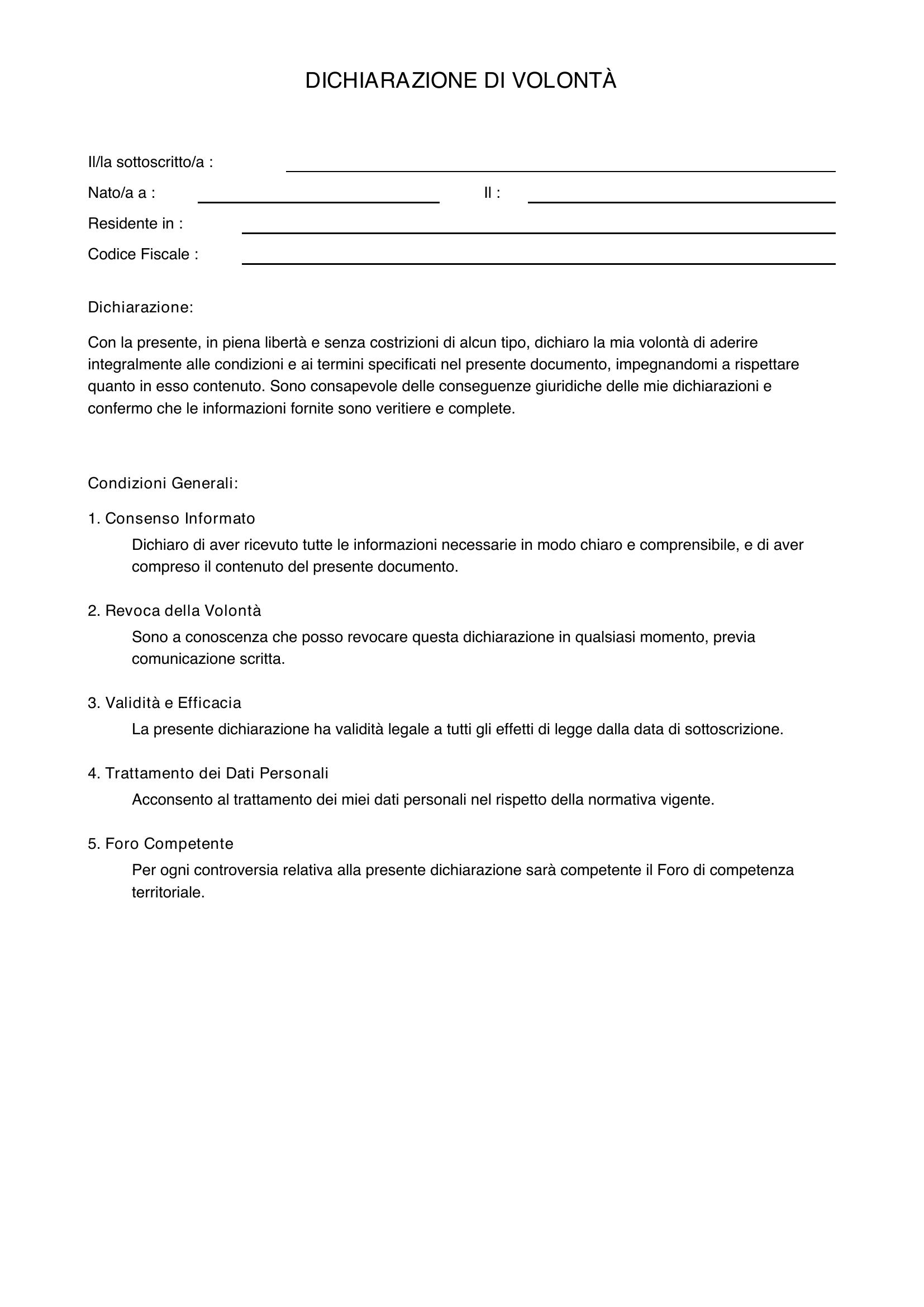 Dichiarazione Di Volontà Modello