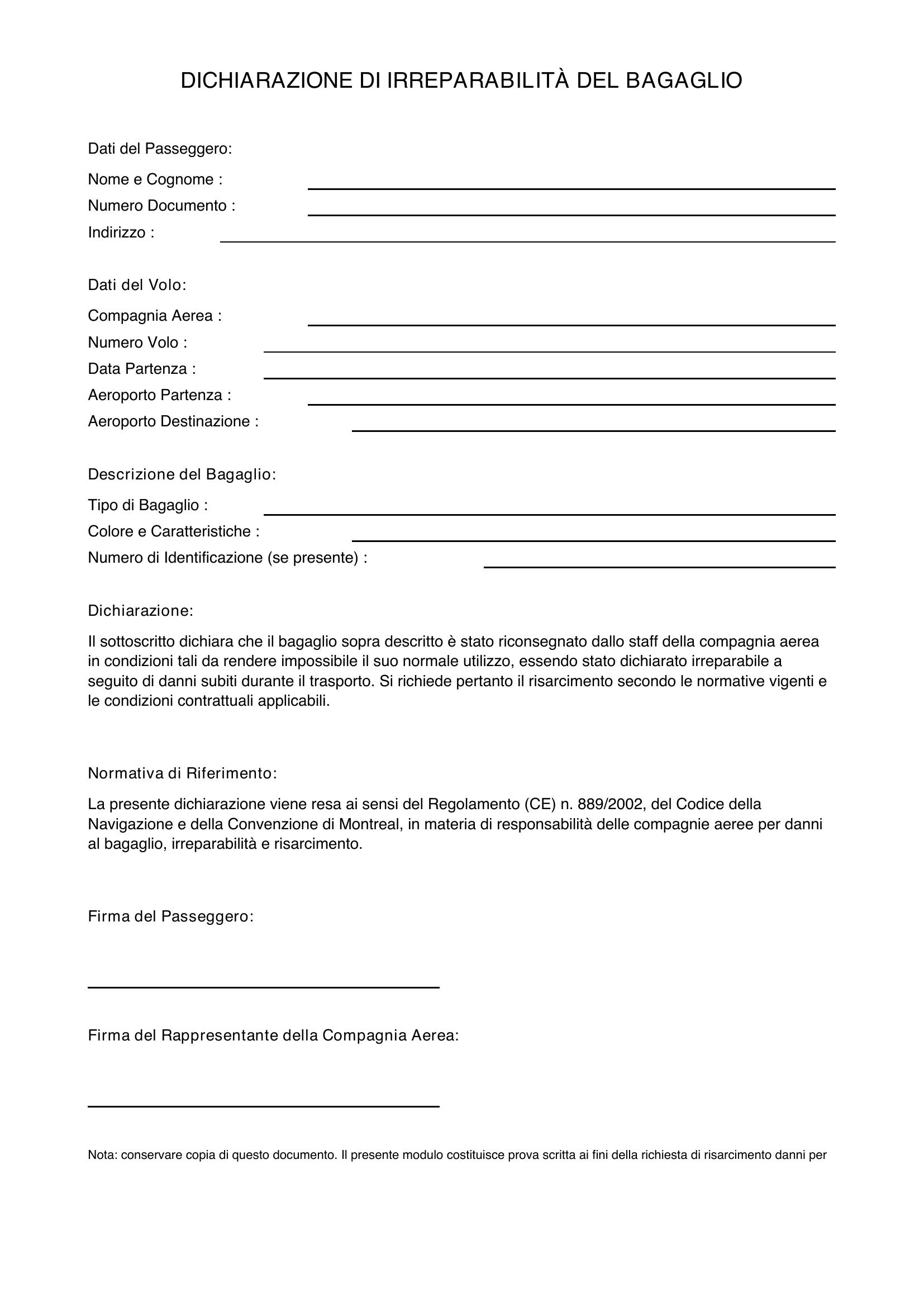 Dichiarazione Irreparabilità Bagaglio