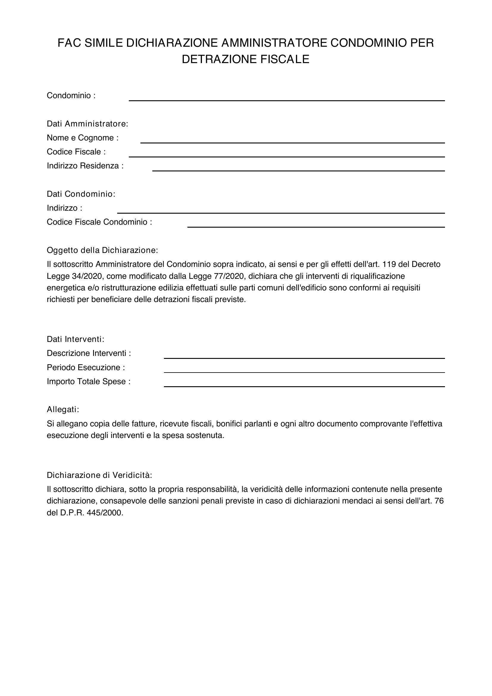 Fac Simile Dichiarazione Amministratore Condominio Per Detrazione Fiscale