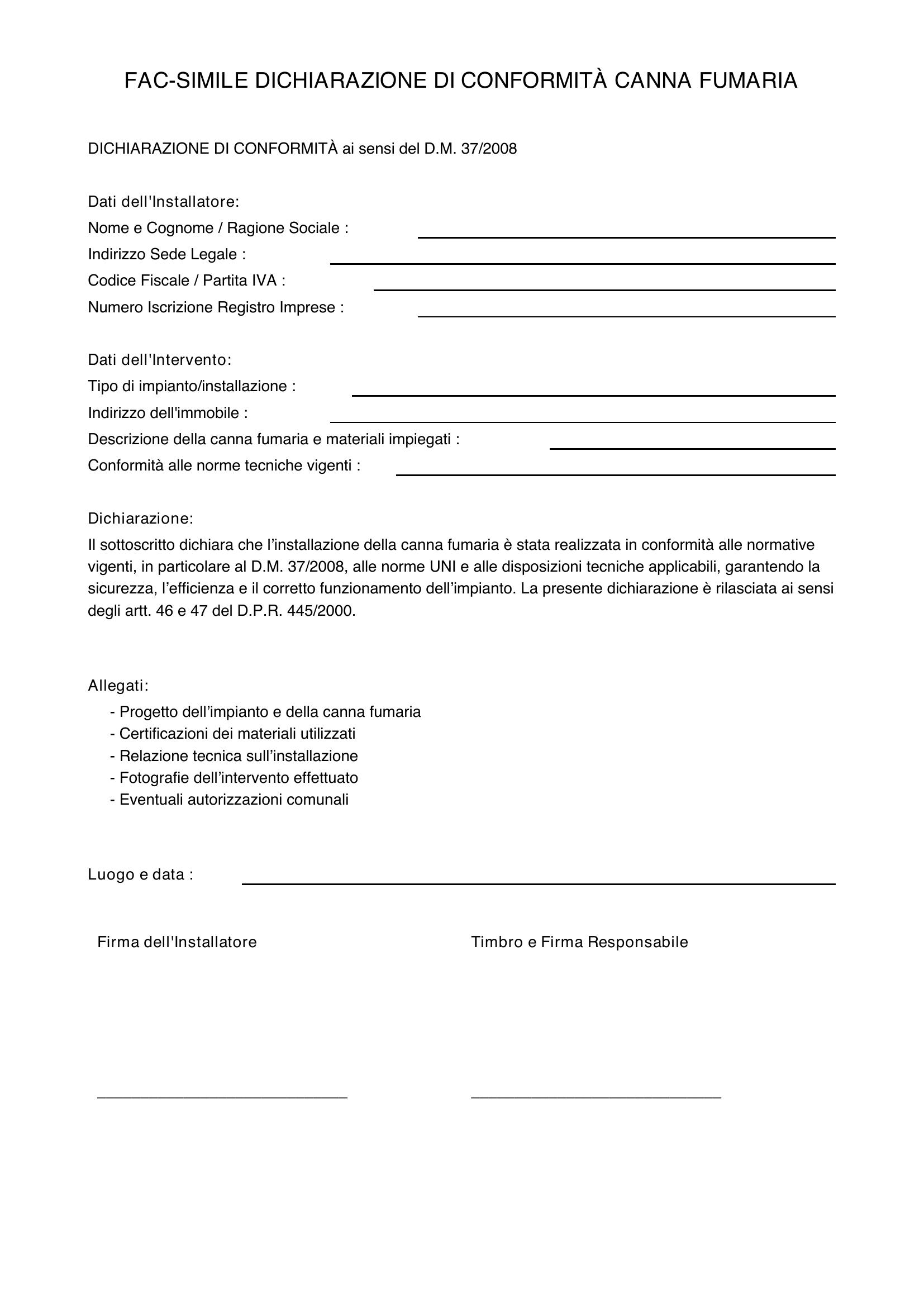 Fac-Simile Dichiarazione Di Conformità Canna Fumaria