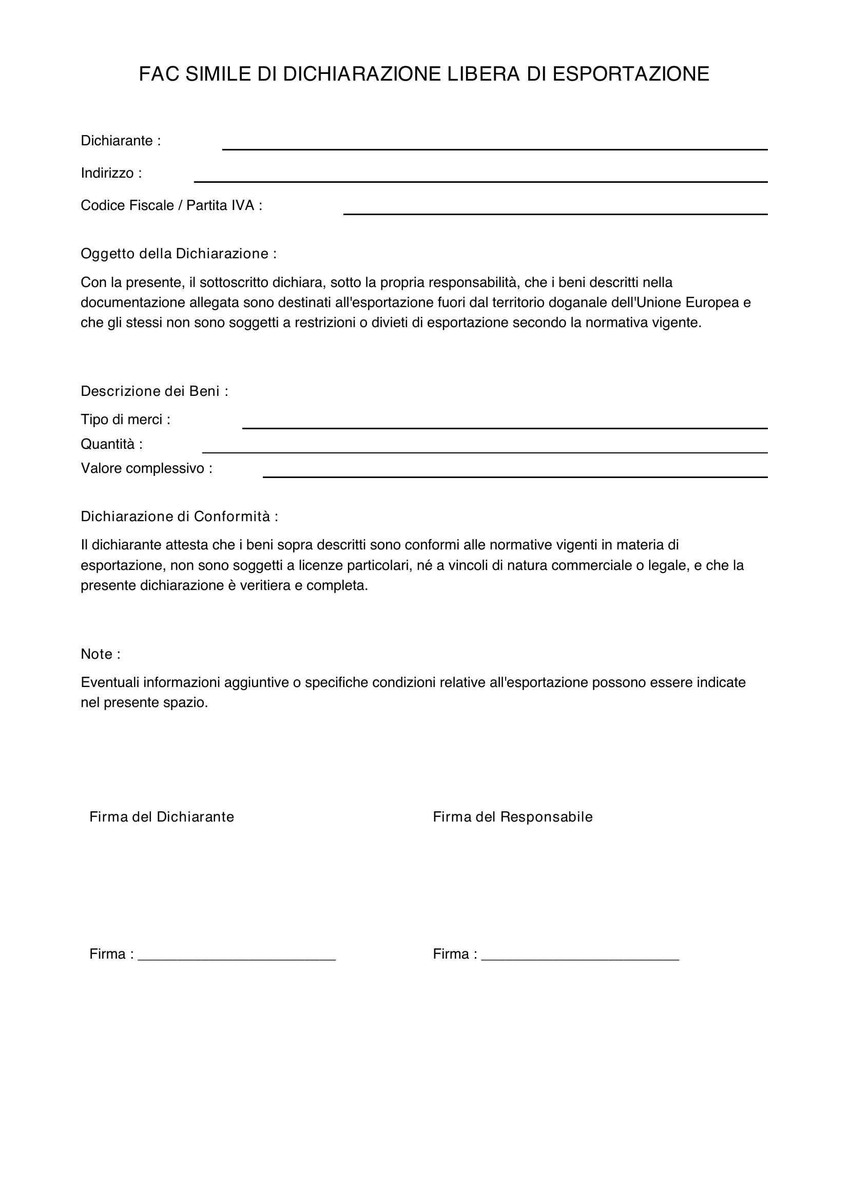 Fac Simile Dichiarazione Libera Esportazione