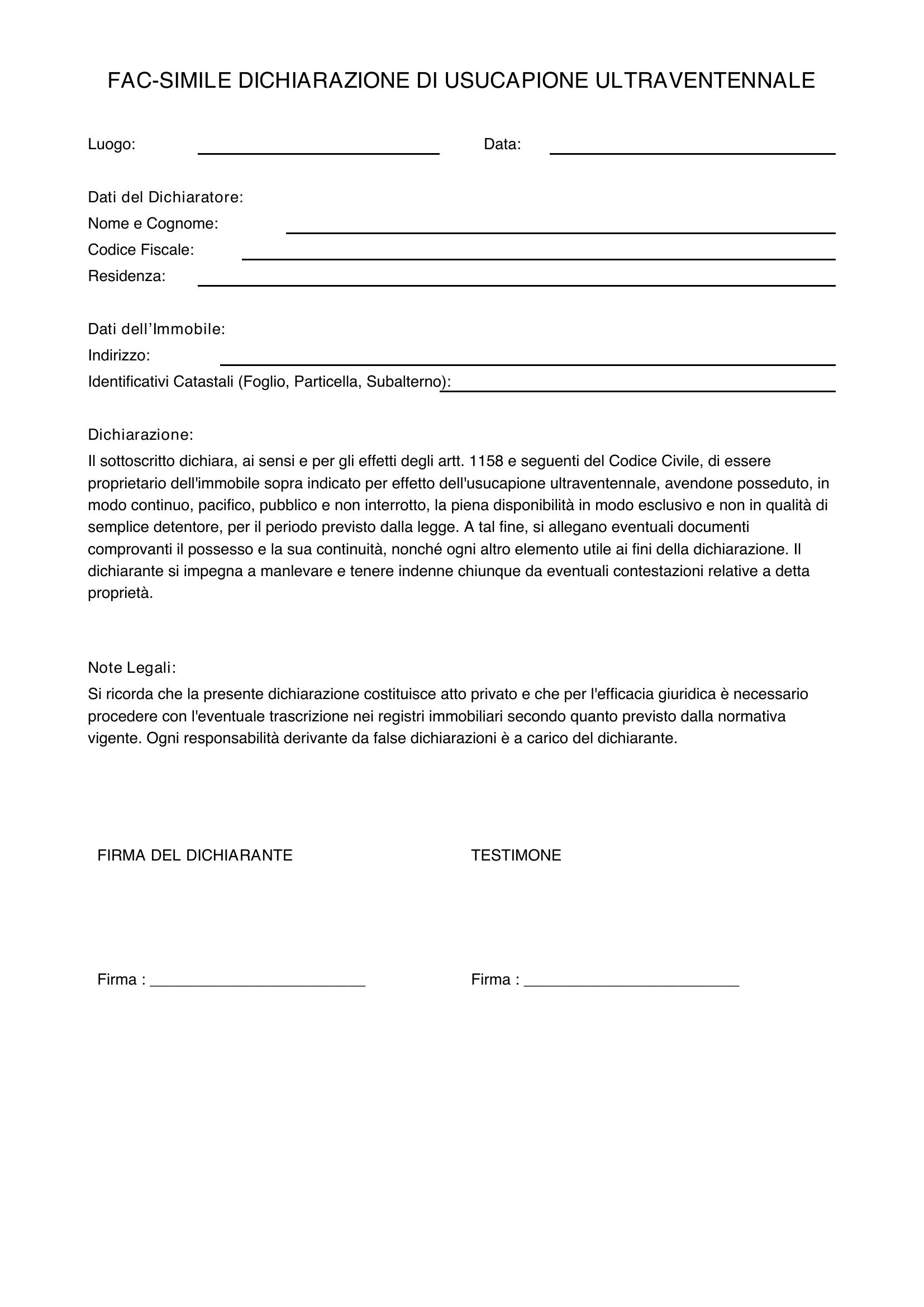 Fac-Simile Dichiarazione Usucapione Ultraventennale