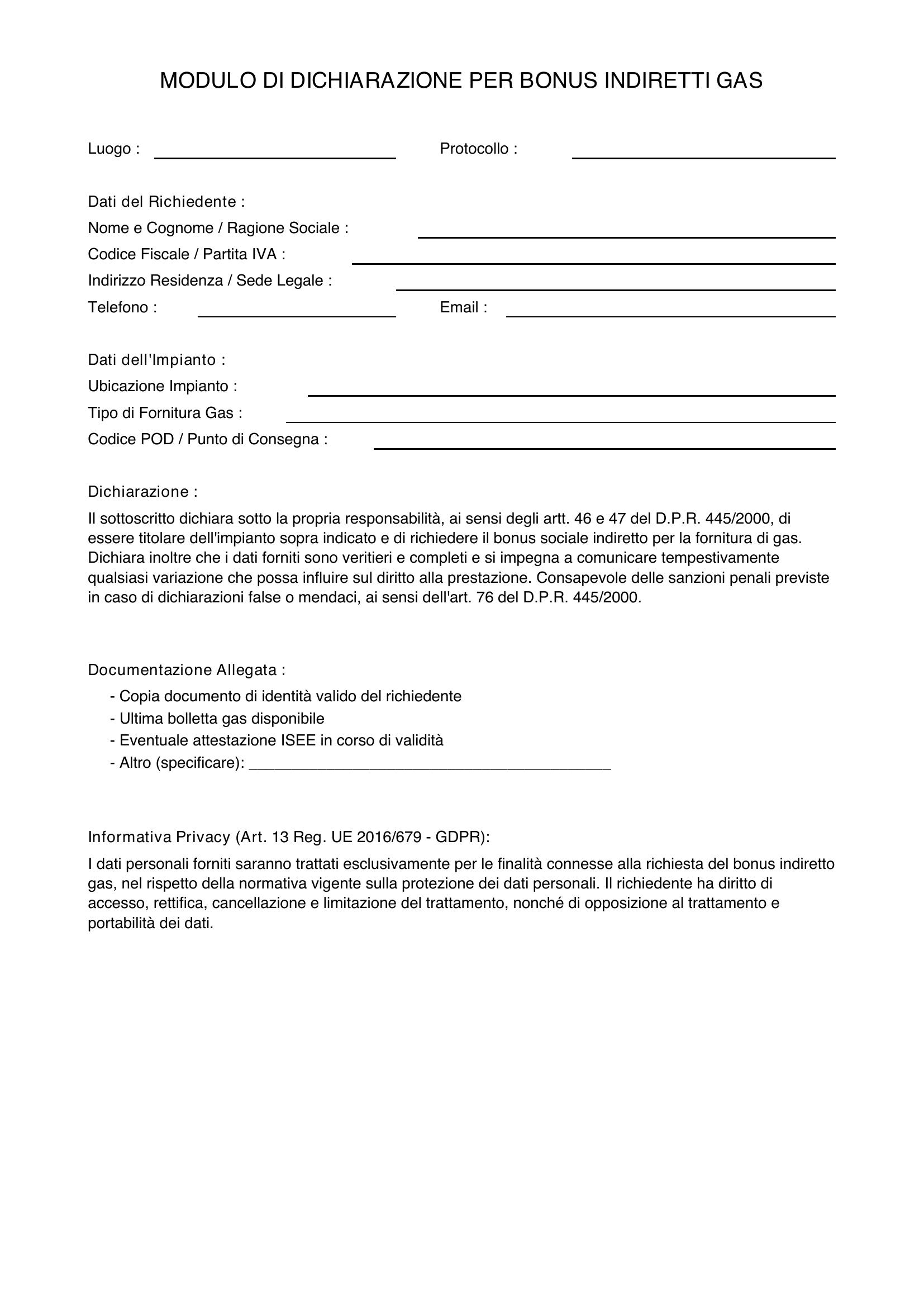 Modulo Di Dichiarazione Per Bonus Indiretti Gas
