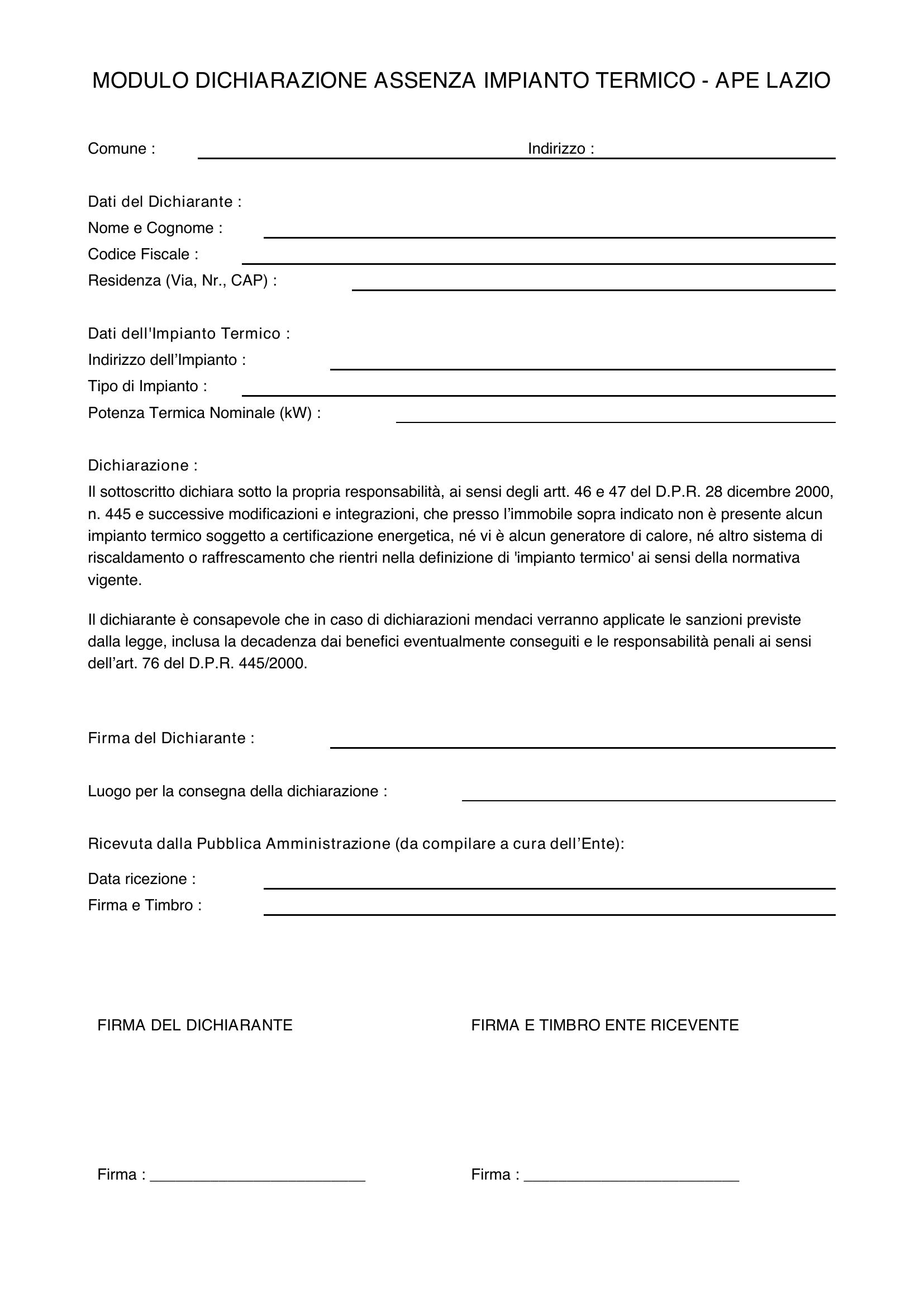 Modulo Dichiarazione Assenza Impianto Termico Ape Lazio
