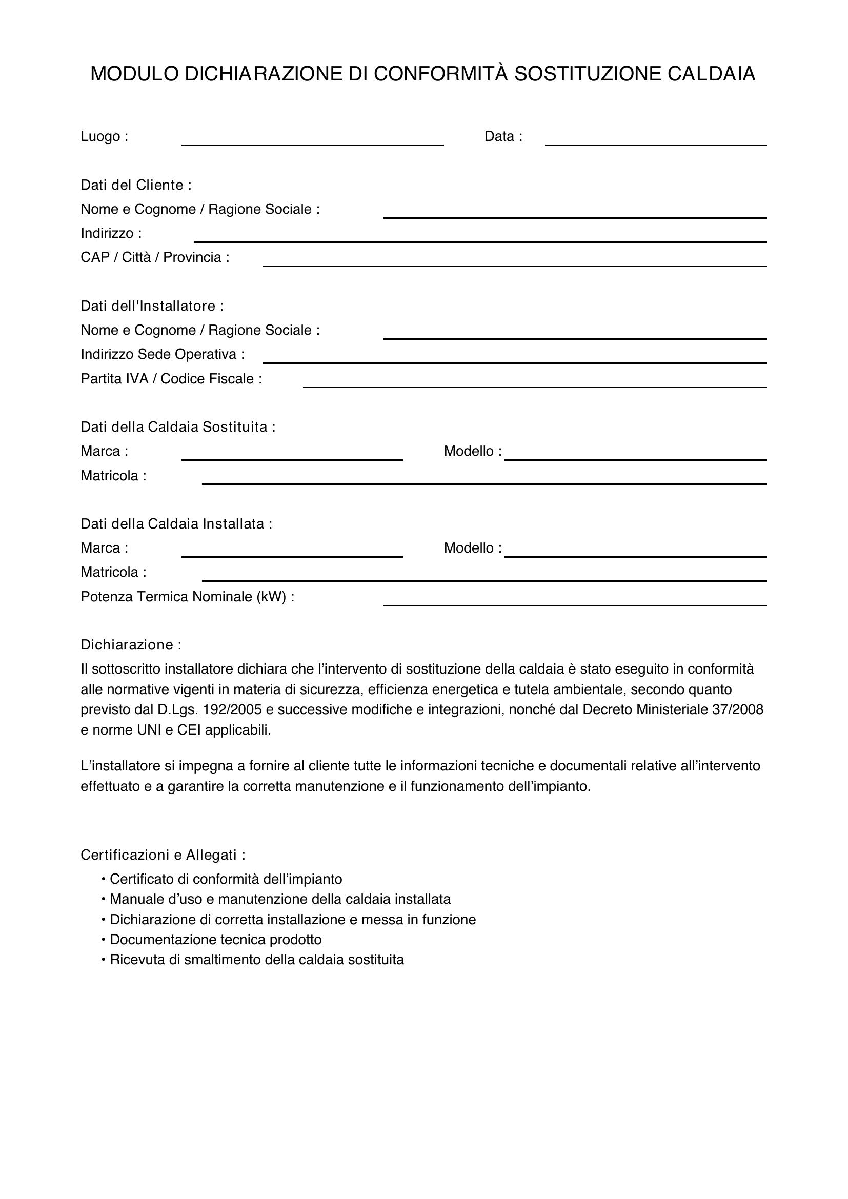 Modulo Dichiarazione Di Conformità Sostituzione Caldaia