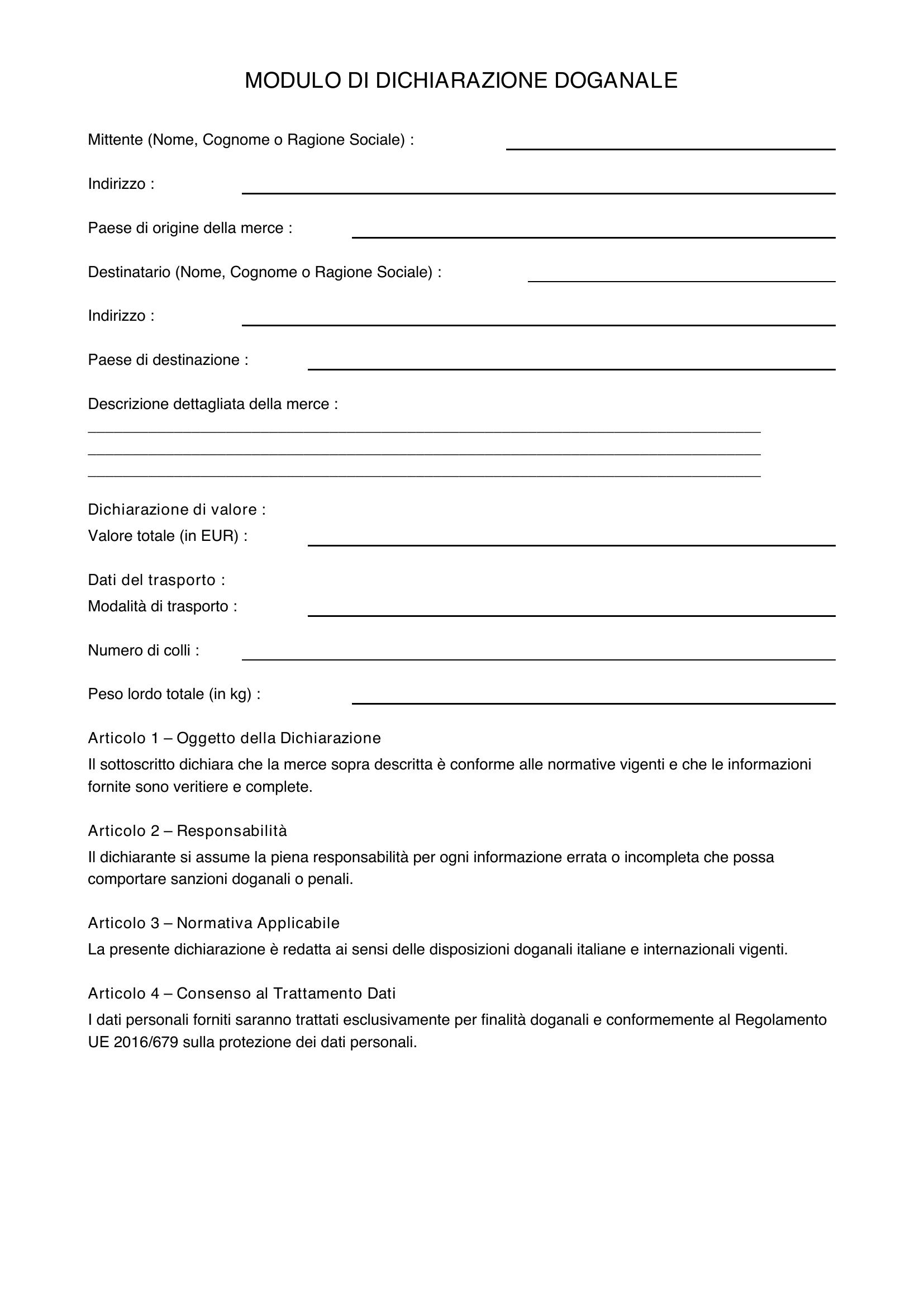 Modulo Dichiarazione Doganale Svizzera