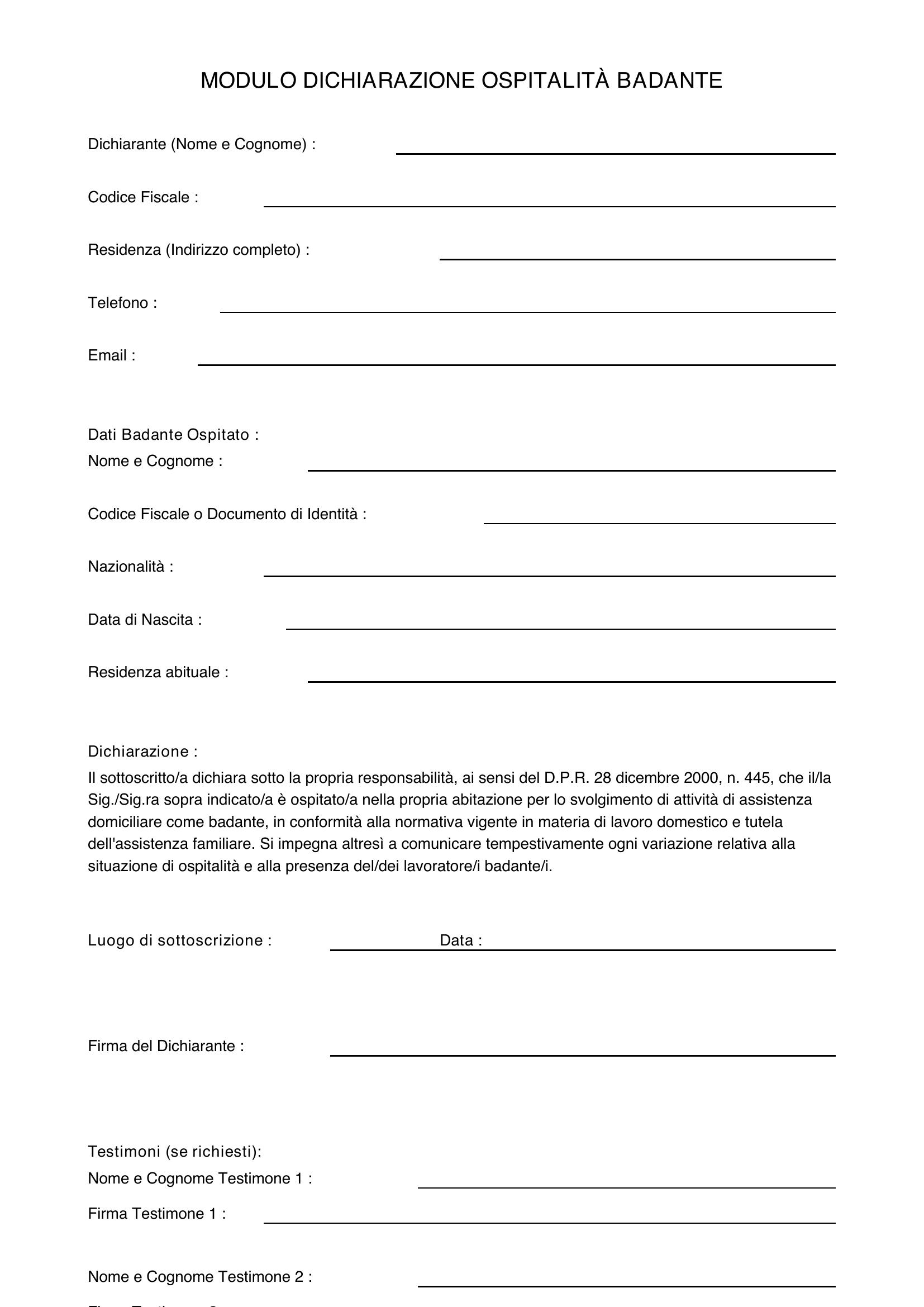 Modulo Dichiarazione Ospitalità Badante